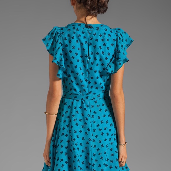 Milly Dress Teal with Clover Print Size 0 Silk - Picture 4 of 7